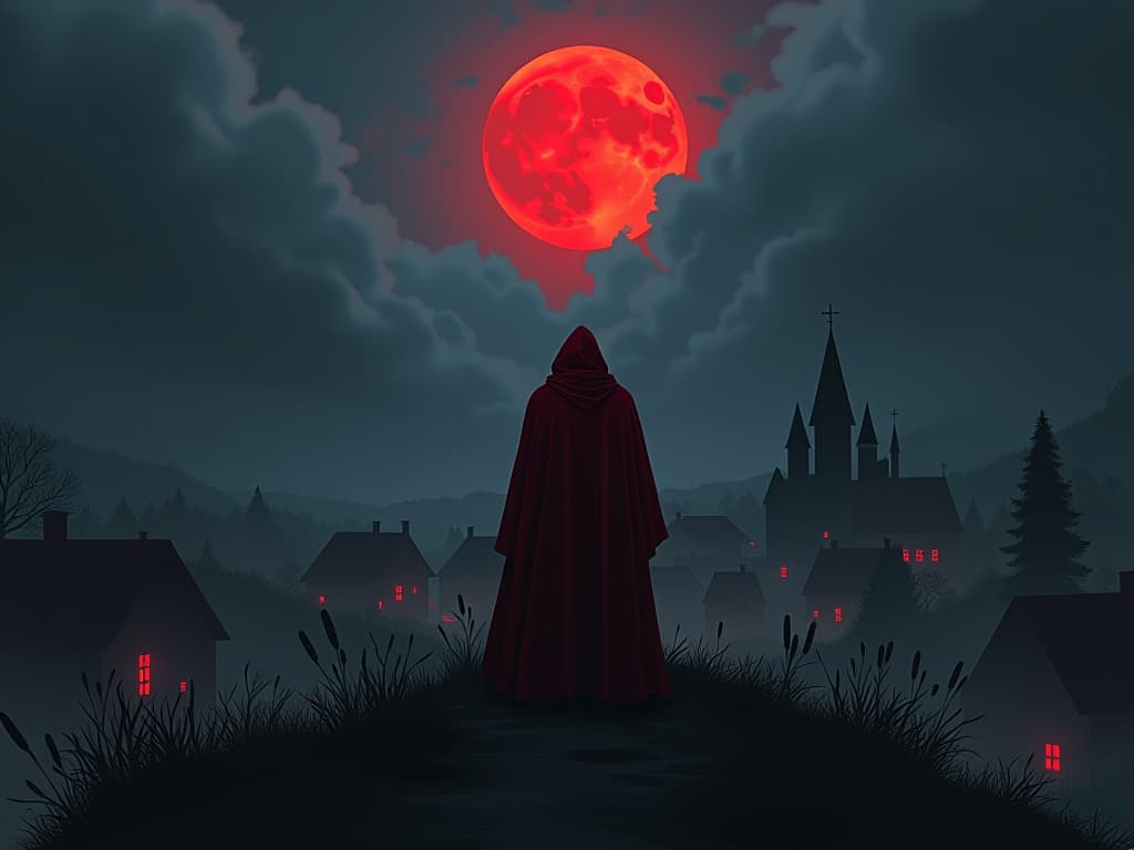  silhouette of a person in red robes, standing at the edge of a darkened village, brooding clouds above. the style is digital art illustration / modern comic book / graphic dark novel fantasy and mysterious occult, symbolic, moody lighting, esoteric vibe,high detail on character design. for the color scheme emphasize blacks and reds.