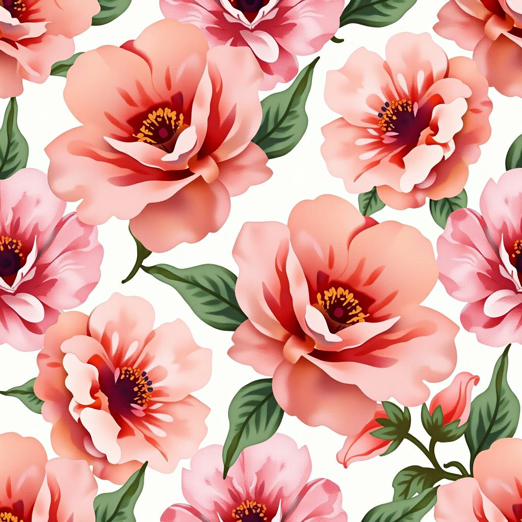  create a seamless digital design featuring a pattern of large, beautiful flowers with soft, watercolor like effects. the flowers should cover the entire surface, creating a bold, elegant, and continuous look. the overall style should be light and airy, with delicate leaves and petals to enhance the natural, floral theme. the design should be seamless to ensure it can be used in repeating patterns or wraps.