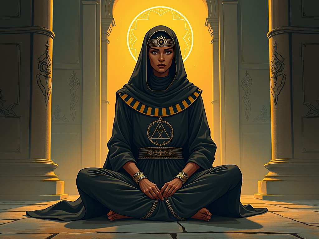  rabia of basra, sitting in quiet contemplation, renouncing worldly possessions, aura of divine dedication. the style is digital art illustration / modern comic book / mysterious occult, symbolic, esoteric vibe,high detail on character design, incorporating ancient egyptian symbology and attire.