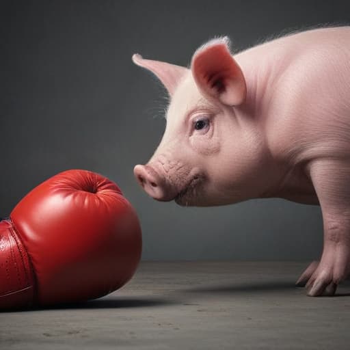 A human arm waering a boxing glove next to a pig