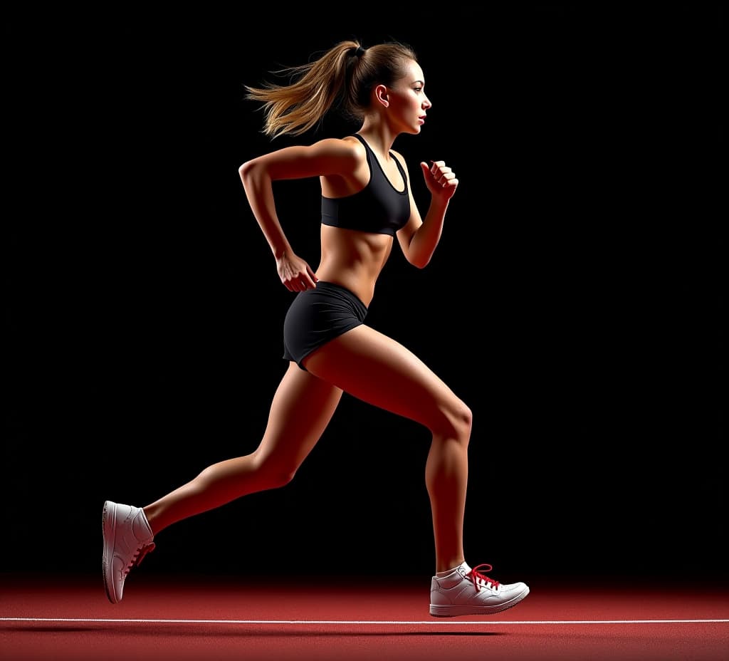  side view of young muscular woman running on black background. concept, sport, track and field athletics, competition and active lifestyle. for text ads copy space