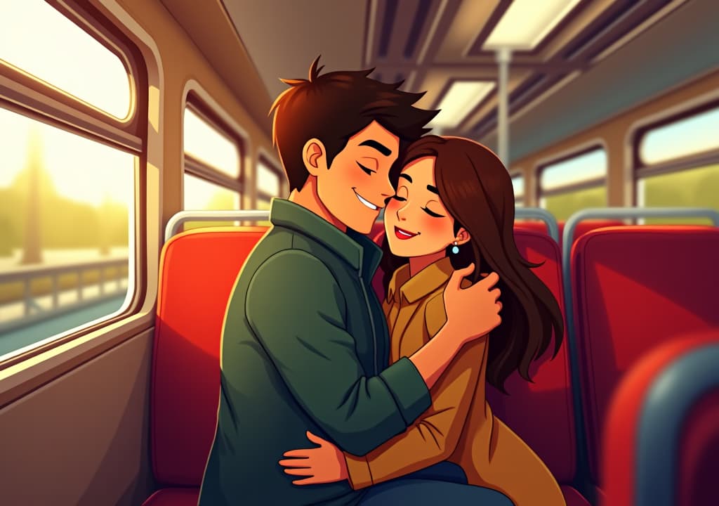  animated couple embracing on a train