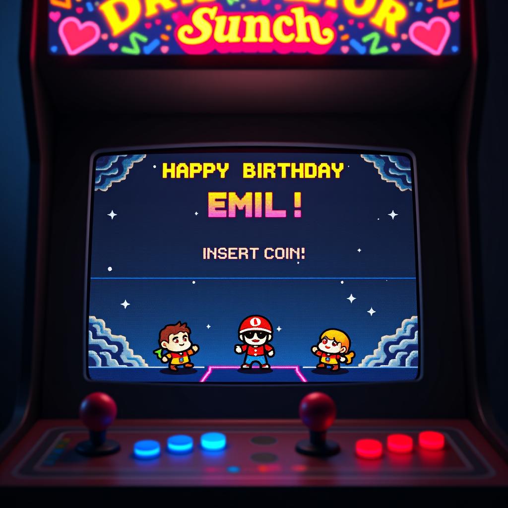  a retro arcade game screen with pixelated characters, power ups, and "happy birthday emil!" as the high score, complete with blinking "insert coin" text hyperrealistic, full body, detailed clothing, highly detailed, cinematic lighting, stunningly beautiful, intricate, sharp focus, f/1. 8, 85mm, (centered image composition), (professionally color graded), ((bright soft diffused light)), volumetric fog, trending on instagram, trending on tumblr, HDR 4K, 8K