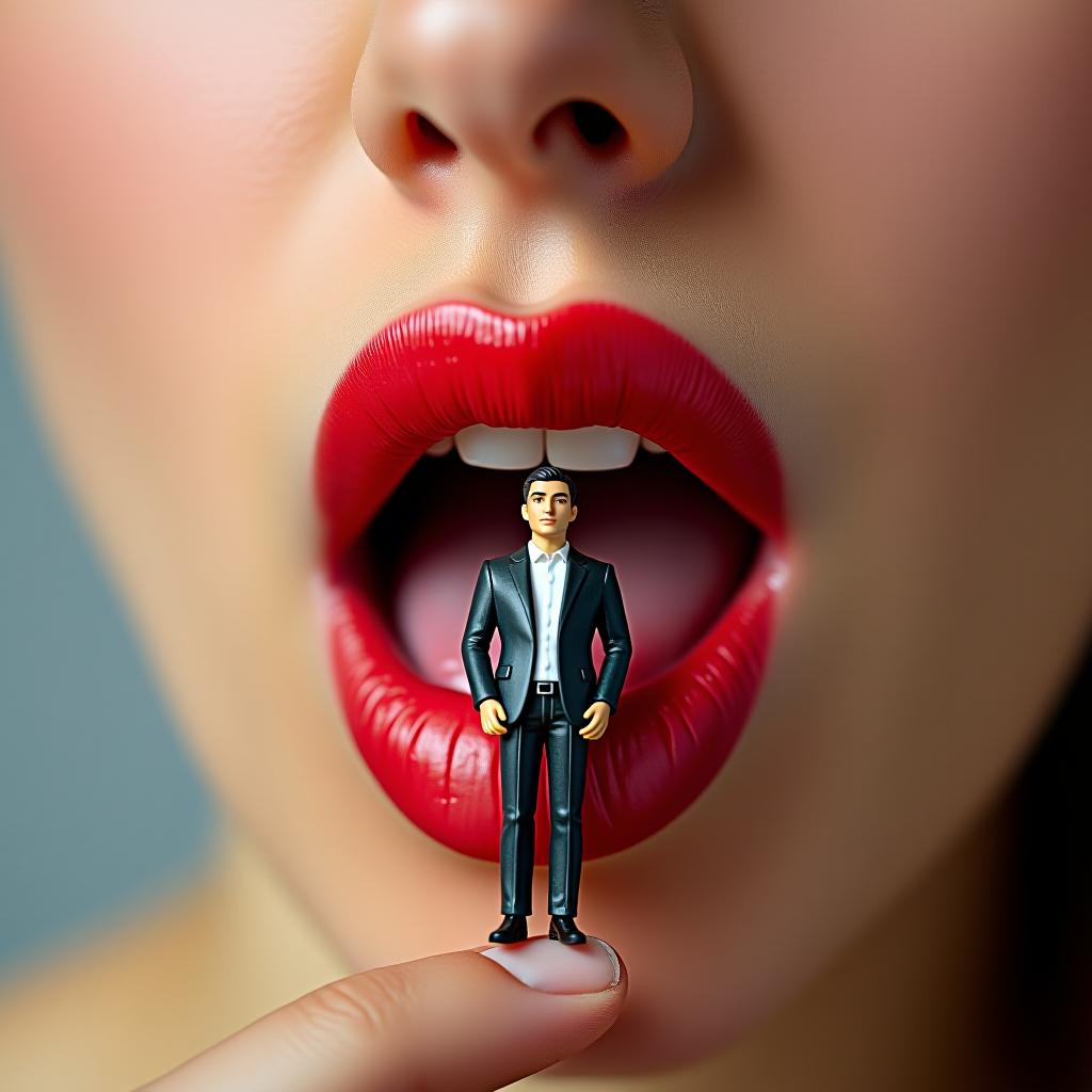  close up photo of a woman's mouth eating a adult miniature man figure, puffed glossy red lips, neutral background, tasting the adult man with tip of tongue