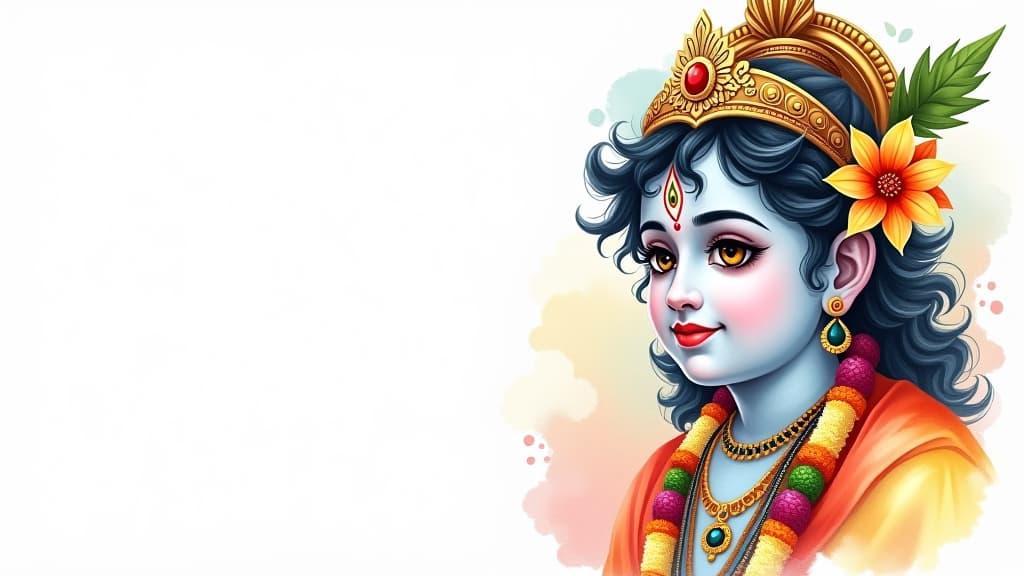  watercolor illustration for janmashtami with lord krishna portrait and copy space.