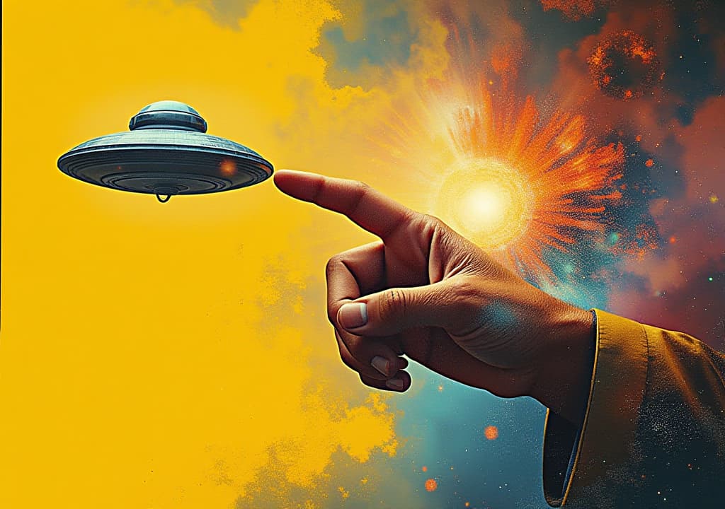  male hand pointing at ufo against yellow background. science of cosmos. contemporary art collage. concept of y2k style, creativity, surrealism, abstract art, imagination. colorful design, high quality, high details, hd, perfect composition, 4k epic detailed, highly detailed, sharp focus, high resolution