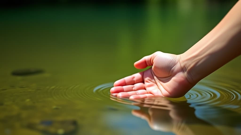  a hand touching the surface of pure green water of the river in nature on a sunny day, symbolic and ecological gesture for conservation of natural resources and preservation of the environment