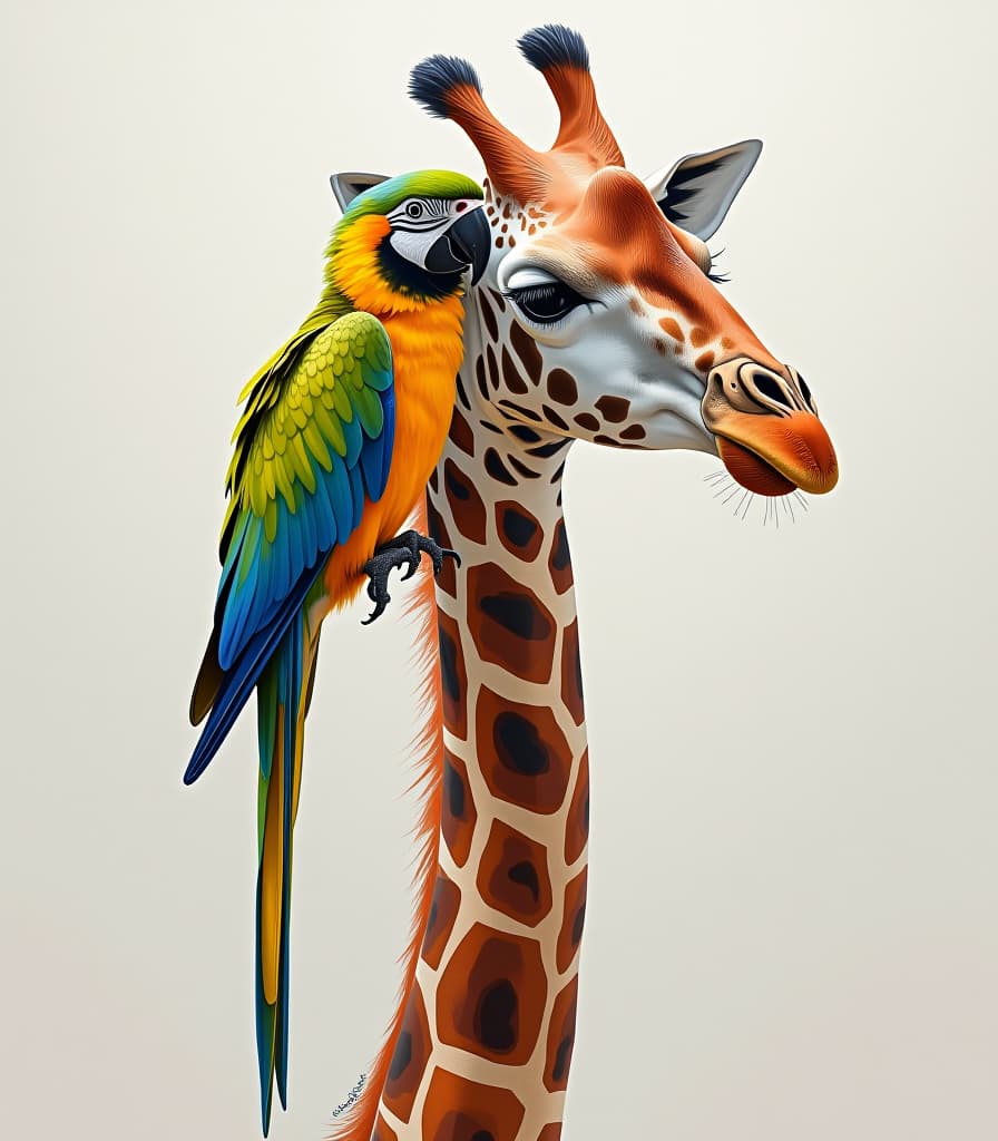  masterpiece. painting. a giraffe with a parrot sitting on it:1.5). intense close up. high detailing of strokes, clarity. watercolor style of sergei andreeyaki. on paper torsion. leaks, spots.:1.5). hyperrealistic, full body, detailed clothing, highly detailed, cinematic lighting, stunningly beautiful, intricate, sharp focus, f/1. 8, 85mm, (centered image composition), (professionally color graded), ((bright soft diffused light)), volumetric fog, trending on instagram, trending on tumblr, HDR 4K, 8K