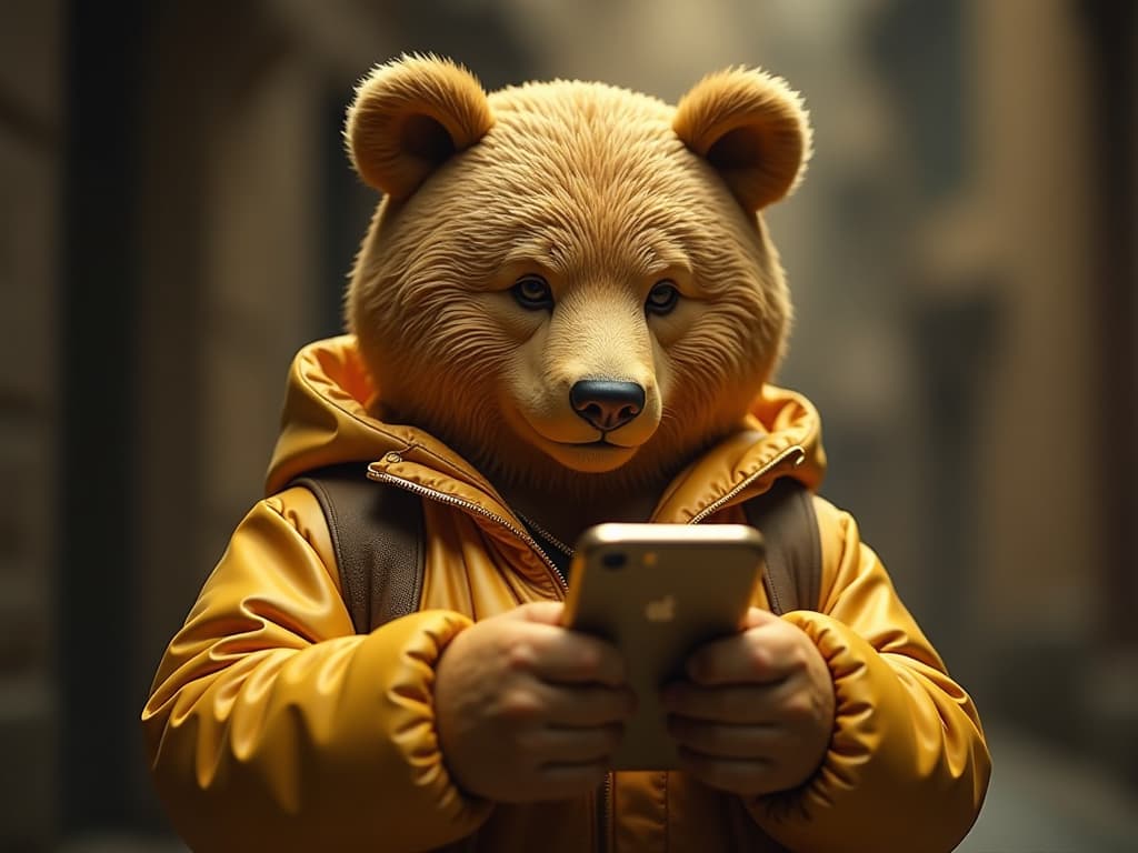  gold golden bear holding phone,but the screen faces the other way around, the mobile phone is in landscape mode hyperrealistic, full body, detailed clothing, highly detailed, cinematic lighting, stunningly beautiful, intricate, sharp focus, f/1. 8, 85mm, (centered image composition), (professionally color graded), ((bright soft diffused light)), volumetric fog, trending on instagram, trending on tumblr, HDR 4K, 8K