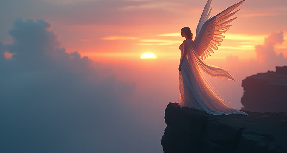  ethereal angel, translucent attire, standing at the edge of a cliff, dawn breaking.. the style is digital art illustration,highly detailed, whimsical,magical, dreamlike atmosphere, realism and fantasy blend, smooth, glossy textures,luminous quality, wonder and enchantment.