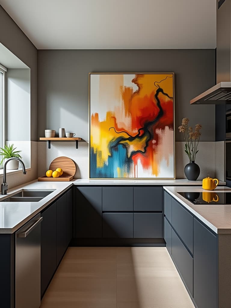  high quality portrait photo of a stylish kitchen with an oversized abstract painting leaning against the backsplash, creating a vibrant focal point amidst sleek countertops and modern appliances hyperrealistic, full body, detailed clothing, highly detailed, cinematic lighting, stunningly beautiful, intricate, sharp focus, f/1. 8, 85mm, (centered image composition), (professionally color graded), ((bright soft diffused light)), volumetric fog, trending on instagram, trending on tumblr, HDR 4K, 8K