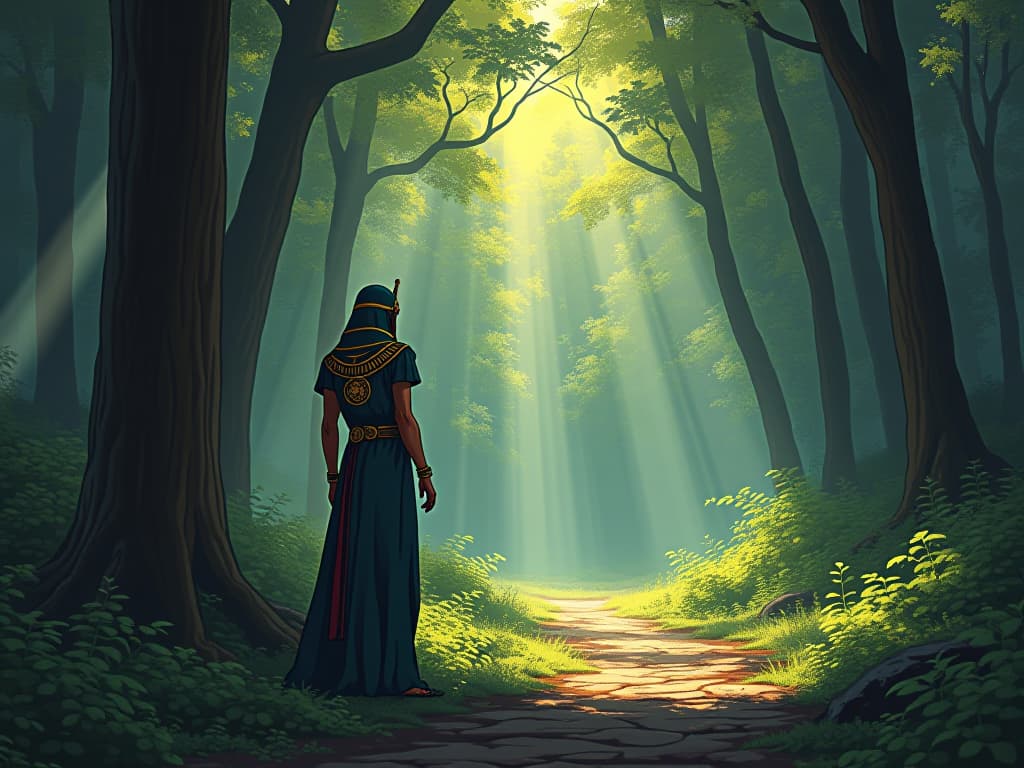  a quiet forest clearing, sunlight filtering through the trees, an atmosphere of solace and insight. the style is digital art illustration / modern comic book / mysterious occult, symbolic, esoteric vibe,high detail on character design, incorporating ancient egyptian symbology and attire.