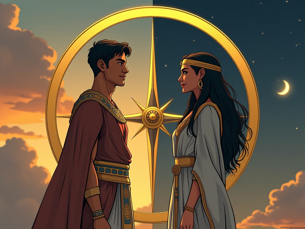  two ancient egyptian figures, a man and a woman, dressed in traditional robes, standing on opposite sides of a golden sundial, their faces serene as they smile softly at each other, sky transitioning from day to night in the background, symbolizing amicable parting of ways. the style is digital art illustration / modern comic book / mysterious occult, symbolic, esoteric vibe,high detail on character design, incorporating ancient egyptian symbology and attire.