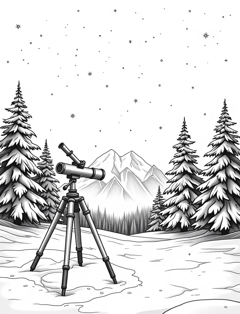  this is for an adult coloring page. a detailed black and white line art of a snowy winter stargazing scene with a telescope set up in the snow on a solid white background.