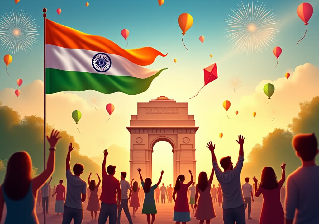  create a vibrant scene celebrating india's independence day. the image should feature the iconic indian flag waving proudly in the sky, with people of all ages dressed in traditional and modern attire, celebrating with joy. include elements like kites, balloons, and fireworks in the colors of the indian flag: saffron, white, and green. in the background, showcase famous indian landmarks like the red fort and india gate, surrounded by festive decorations and a sense of national pride