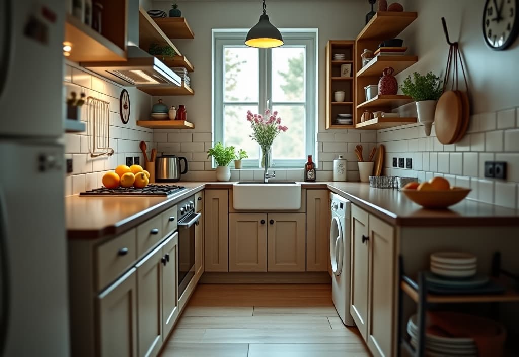  a landscape photo of a small kitchen with multi functional elements, including a fold down table, rolling kitchen cart, and wall mounted organizers, maximizing every inch of space hyperrealistic, full body, detailed clothing, highly detailed, cinematic lighting, stunningly beautiful, intricate, sharp focus, f/1. 8, 85mm, (centered image composition), (professionally color graded), ((bright soft diffused light)), volumetric fog, trending on instagram, trending on tumblr, HDR 4K, 8K