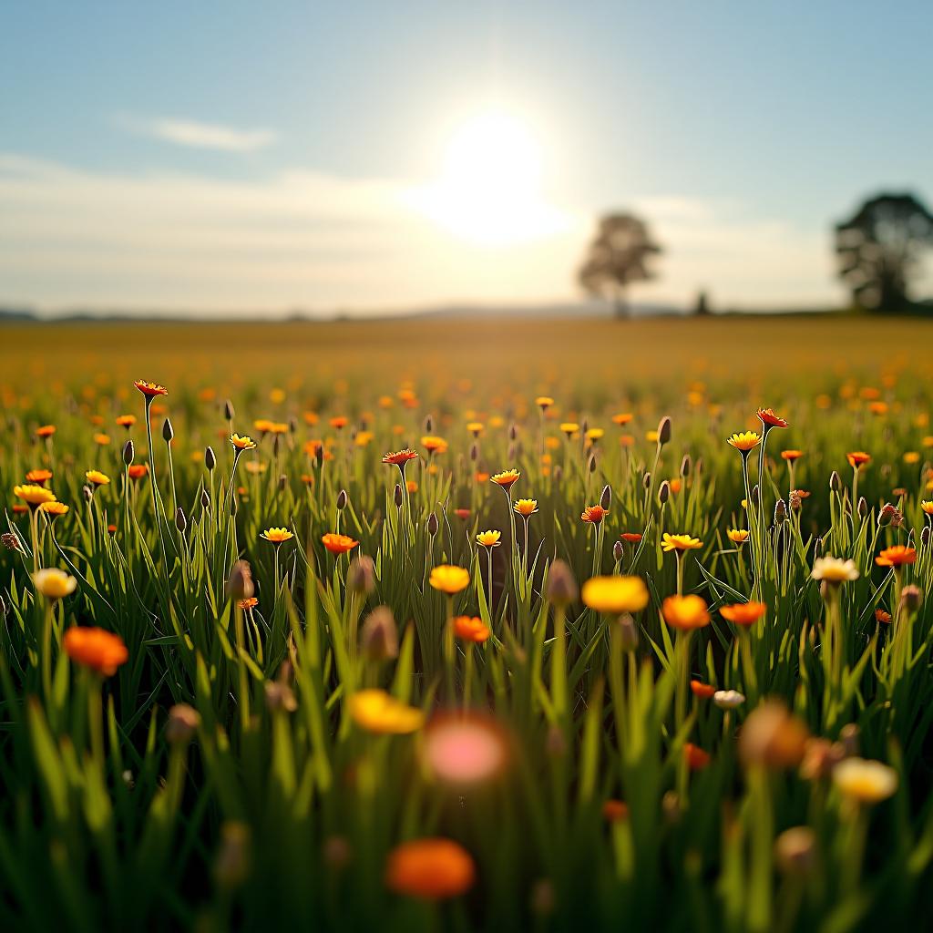  field, flowers, bright sun.