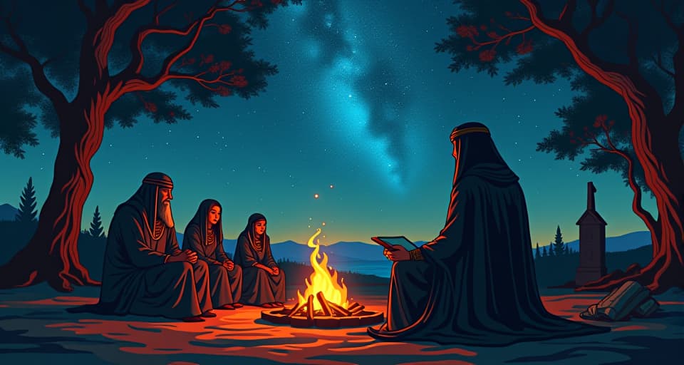  a storyteller sitting by a campfire, telling tales to an enthralled audience under a starry sky, ancient runes illuminating the air, symbolizing sharing one’s journey. the style is digital art illustration / modern comic book / mysterious occult, symbolic, esoteric vibe,high detail on character design, incorporating ancient egyptian symbology and attire.