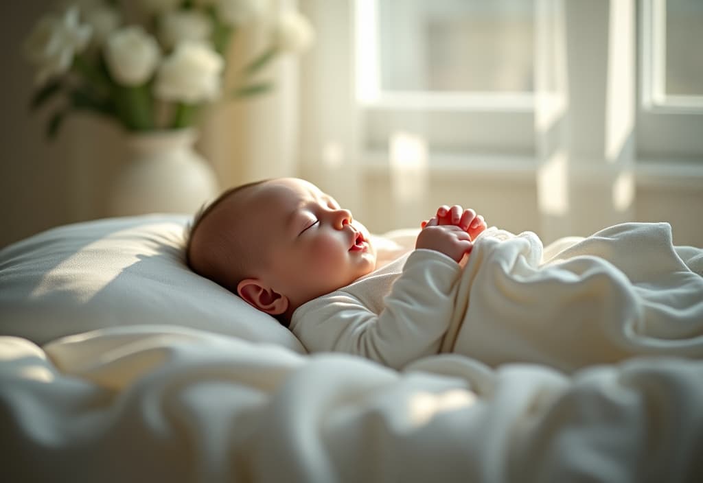  hyperrealistic art a newborn baby sleeps in a bed in her bedroom, there's a lot of white flowers and a new year's decor. the heat of the light. . extremely high resolution details, photographic, realism pushed to extreme, fine texture, incredibly lifelike hyperrealistic, full body, detailed clothing, highly detailed, cinematic lighting, stunningly beautiful, intricate, sharp focus, f/1. 8, 85mm, (centered image composition), (professionally color graded), ((bright soft diffused light)), volumetric fog, trending on instagram, trending on tumblr, HDR 4K, 8K