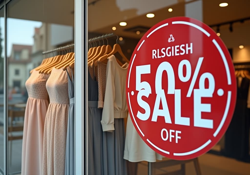  dresses 50% off sale promotion sign on glass window door of retail women clothing store exterior view storefront. special discount price offer, summer promo advertising marketing