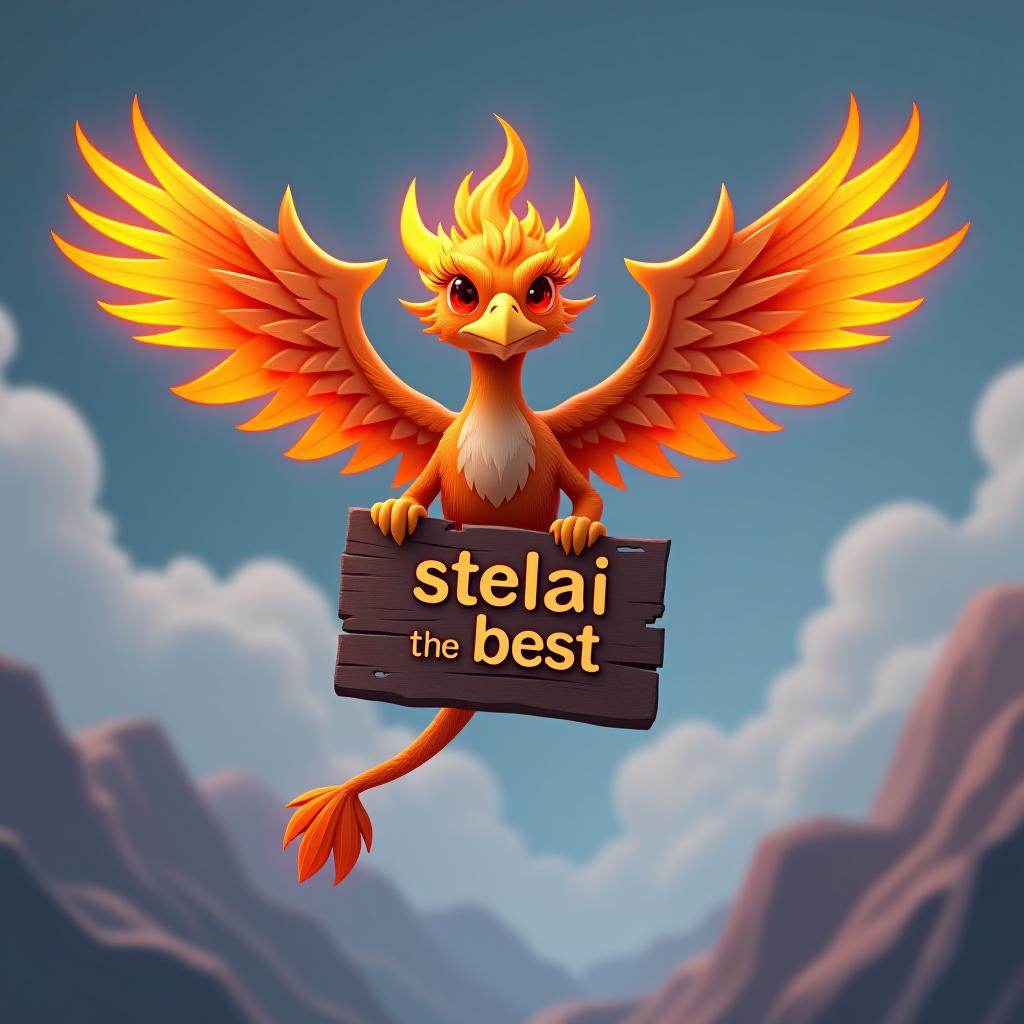  3d phoenix, orange neon fire on head, long tail, red fiery eyes, 2 large wings, holding a sign by its feet while flying saying "stelai the best"