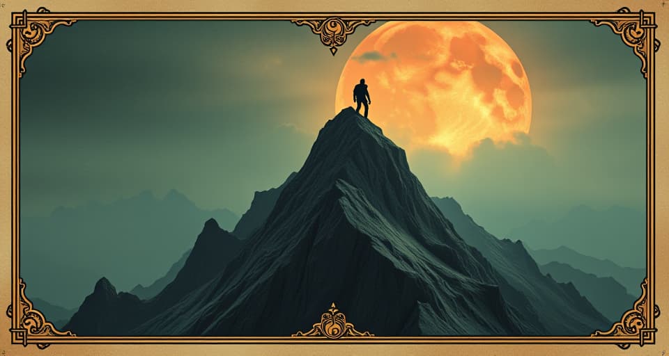  steep mountain peak, lone climber reaching summit, expansive sky, pinnacle, achievement. an illustration in the style of a worn, mystical old tarot trump card, mysterious and elements of surrealism. the colors are muted, somber and eerie, but with contrast bring out an occult and esoteric vibe.