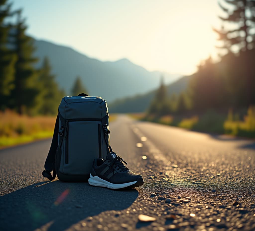  sneakers and backpack on the mountain road, summer trip concept