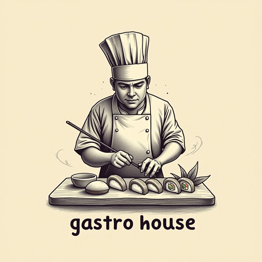  design a logo, in a pencil style. fundo branco silhueta de cozinheiro montando prato de sushi, entregas de comida , with the text 'art gastro house'.