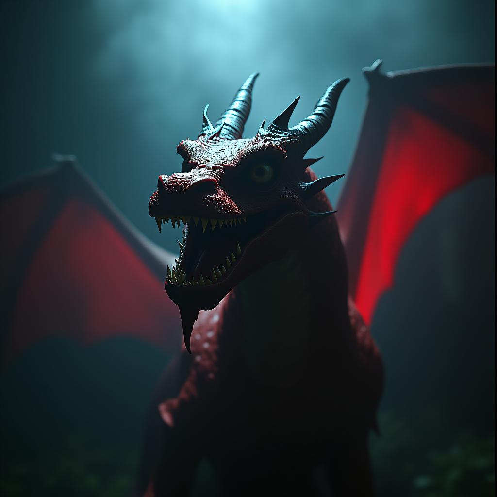  horror themed big toothpaste of red dragon . eerie, unsettling, dark, spooky, suspenseful, grim, highly detailed hyperrealistic, full body, detailed clothing, highly detailed, cinematic lighting, stunningly beautiful, intricate, sharp focus, f/1. 8, 85mm, (centered image composition), (professionally color graded), ((bright soft diffused light)), volumetric fog, trending on instagram, trending on tumblr, HDR 4K, 8K