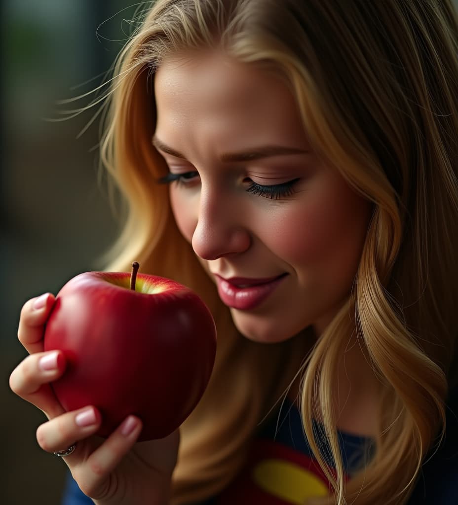  a hd photo of supergirl smelling an apple, close up