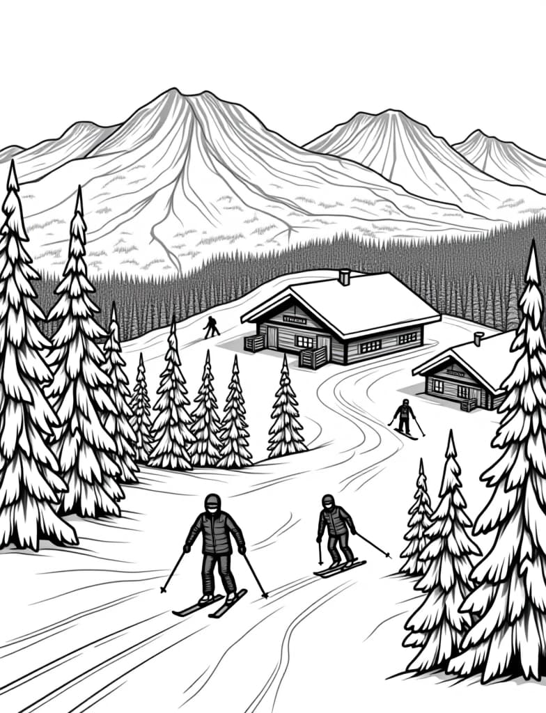  this is for an adult coloring page. a detailed black and white line art of a snowy ski resort with skiers coming down the slopes on a solid white background.