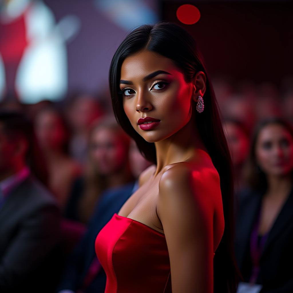  generate a highly detailed image of beauty in red velvet dress: attractive masular lady with glamorous style – a sensual portrait in a red dress on a dark background, use a canon eos r5 camera equipped with a 50mm f/1.2 lens, ensuring impeccable sharpness and focus on her face while gently blurring the audience to create a sense of depth. the lighting should be soft yet vibrant, emphasizing her expression and the lively atmosphere of the conference. set the iso to 400 for optimal light sensitivity and the aperture to f/2.8 to achieve a beautiful bokeh effect that separates her from the background, enhancing the realism of the image.