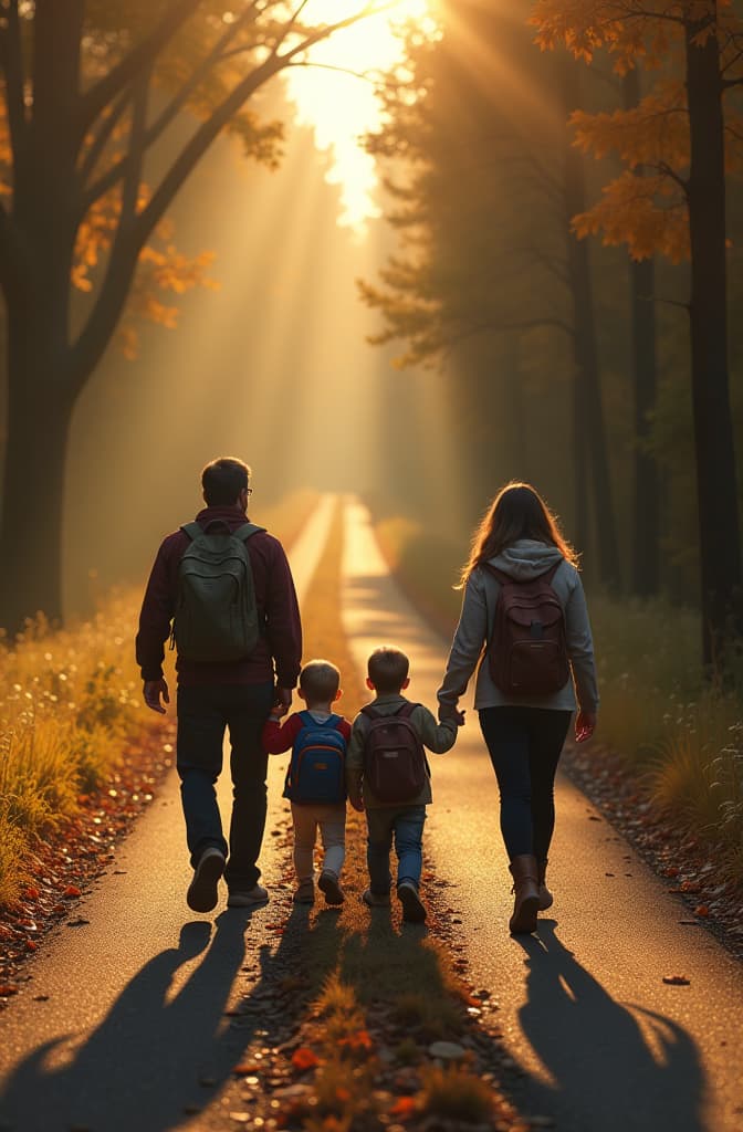  cinematic film style, a family of a dad, mom, and two kids walking down a road in the fall woods. they all have backpacks behind their backs. view from the back. light colors. ar 2:3, shallow depth of field, vignette, maximum details, high budget hollywood movie, bokeh, cinemascope, moody, epic, gorgeous, sun rays and shadows on furniture and surfaces, flattering light, raw photo, photography, photorealistic, 8k resolution, f1.4, sharpened focus, sharp focus