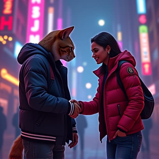  in a neon lit cyberpunk cityscape, hemule, the rebellious tabby cat, shakes hands with kamala. hemule's edgy vibe and charisma shine in a hyper realistic, cinematic style with vibrant colors and comic book like details. hyperrealistic, full body, detailed clothing, highly detailed, cinematic lighting, stunningly beautiful, intricate, sharp focus, f/1. 8, 85mm, (centered image composition), (professionally color graded), ((bright soft diffused light)), volumetric fog, trending on instagram, trending on tumblr, HDR 4K, 8K