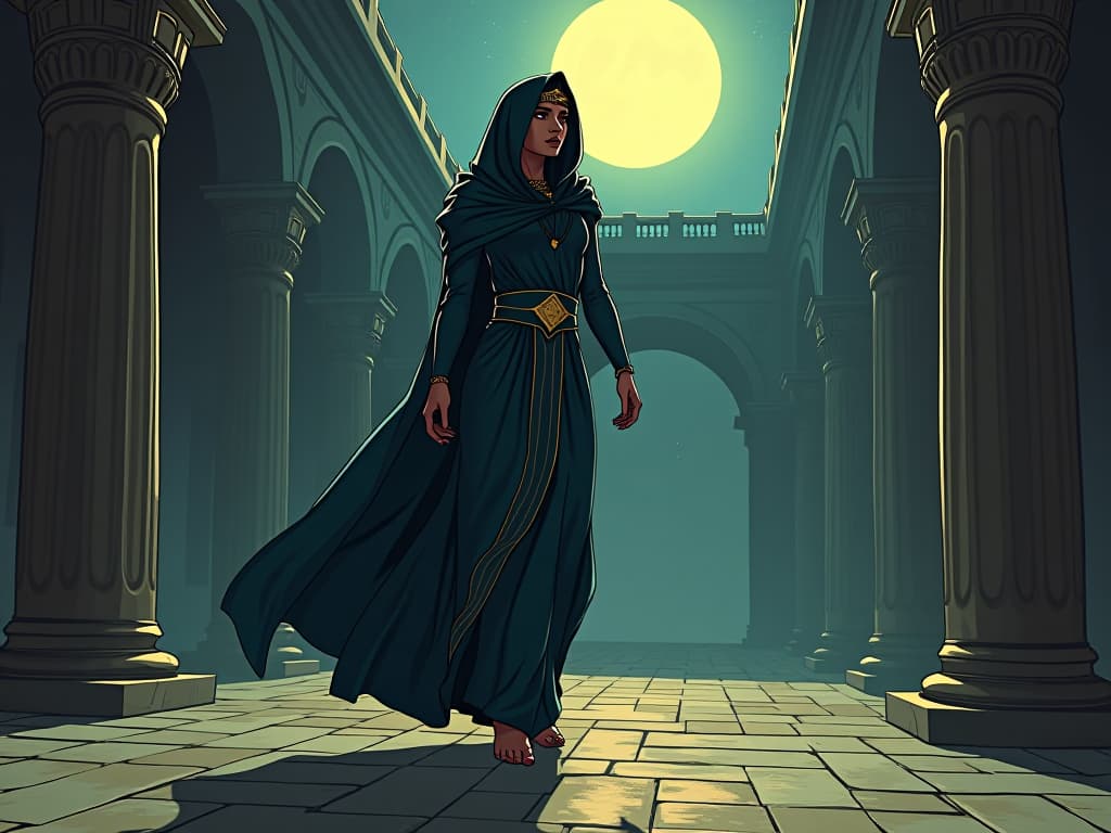  young woman in tight form fitting ancient egyptian robes, stepping into a moonlit courtyard, accepting the light, claiming her deserved life path. the style is digital art illustration / modern comic book / mysterious occult, symbolic, esoteric vibe,high detail on character design, incorporating ancient egyptian symbology and attire.