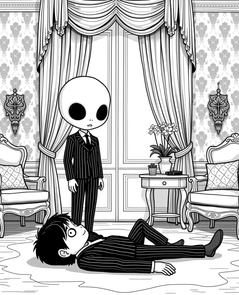  centered black and white high contrast line drawing, coloring book style,coloring book page coloring book page of an adorable with big head and big doll like eyes with big black iris, , creepy cute style wearing pinstripe suit standing over the body lying on the floor, beside him is his friend with black hair and big eyes who has been shot dead by other people inside the room of a luxury mansion with patterned curtains and fancy furniture, monochrome, blank white background