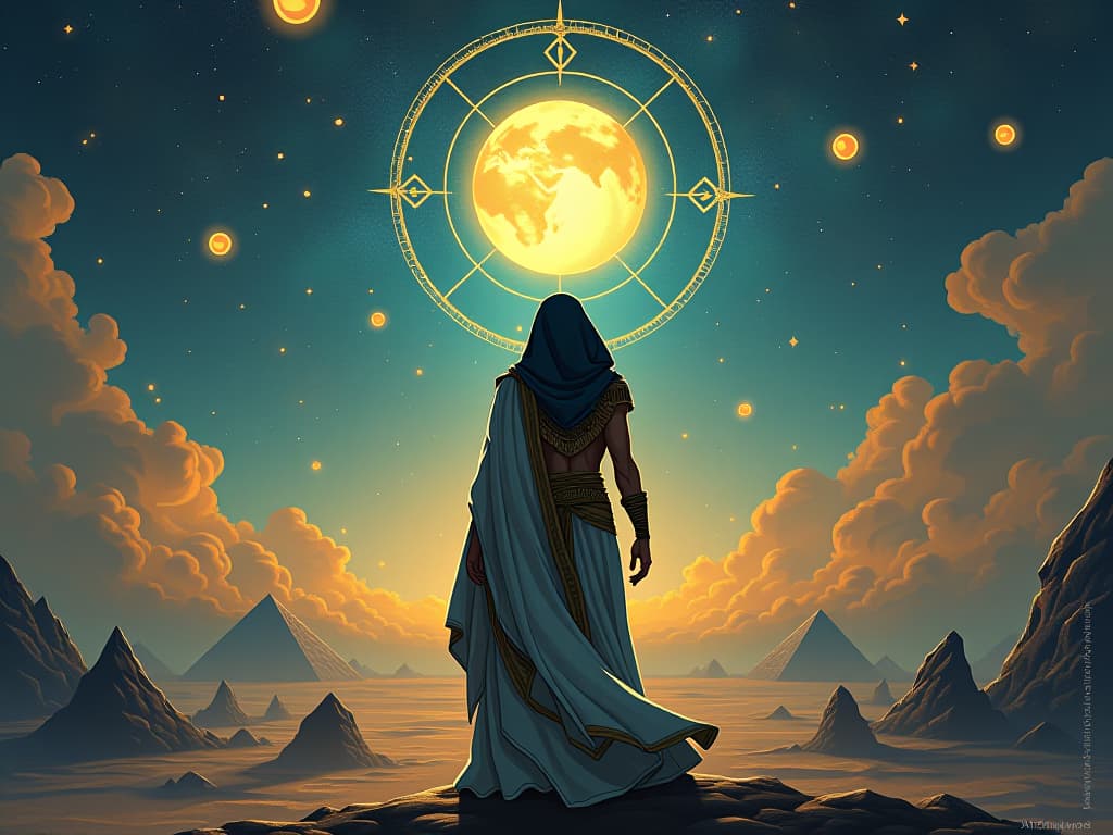  a seeker in ancient garb, surrounded by glowing orbs and mystical symbols, gazing toward the horizon, continually drawn to enlightenment. the style is digital art illustration / modern comic book / mysterious occult, symbolic, esoteric vibe,high detail on character design, incorporating ancient egyptian symbology and attire.