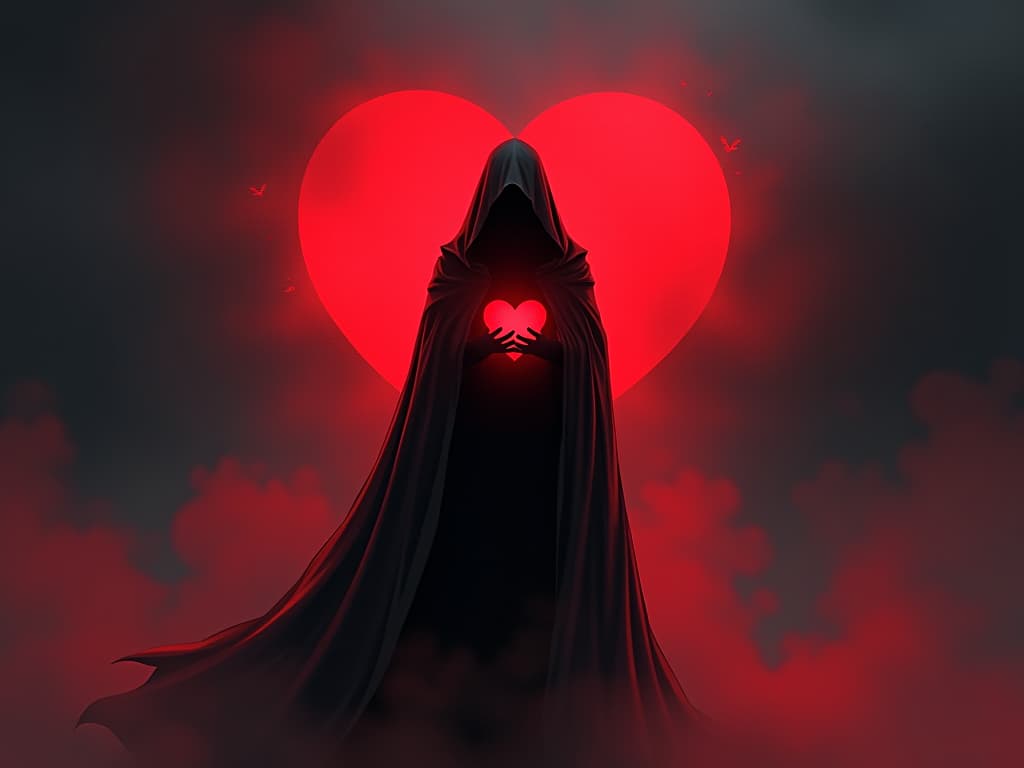  red heart fading into mist, feeling of doubt, ethereal backdrop. the style is digital art illustration / modern comic book / graphic dark novel fantasy and mysterious occult, symbolic, moody lighting, esoteric vibe,high detail on character design. for the color scheme emphasize blacks and reds.