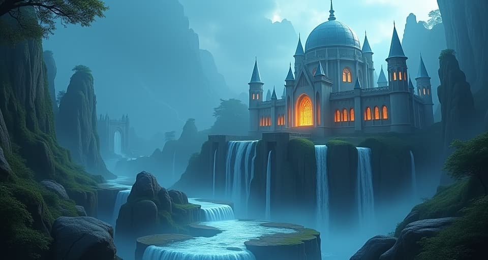  ethereal palace with cascading, glowing waterfalls, overlooking a mystical landscape, glittering light filtering through, atmosphere of seeing beyond the superficial. the style is digital art illustration,highly detailed, whimsical,magical, dreamlike atmosphere, realism and fantasy blend, smooth, glossy textures,luminous quality, wonder and enchantment.