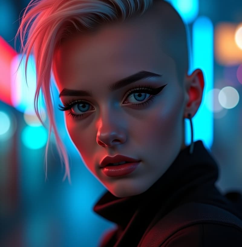  ultra realistic close up portrait ((beautiful pale cyberpunk female with heavy black eyeliner)), blue eyes, shaved side haircut, hyper detail, cinematic lighting, magic neon, dark red city, canon eos r3, nikon, f/1.4, iso 200, 1/160s, 8k, raw, unedited, symmetrical balance, in frame, 8k hyperrealistic, full body, detailed clothing, highly detailed, cinematic lighting, stunningly beautiful, intricate, sharp focus, f/1. 8, 85mm, (centered image composition), (professionally color graded), ((bright soft diffused light)), volumetric fog, trending on instagram, trending on tumblr, HDR 4K, 8K