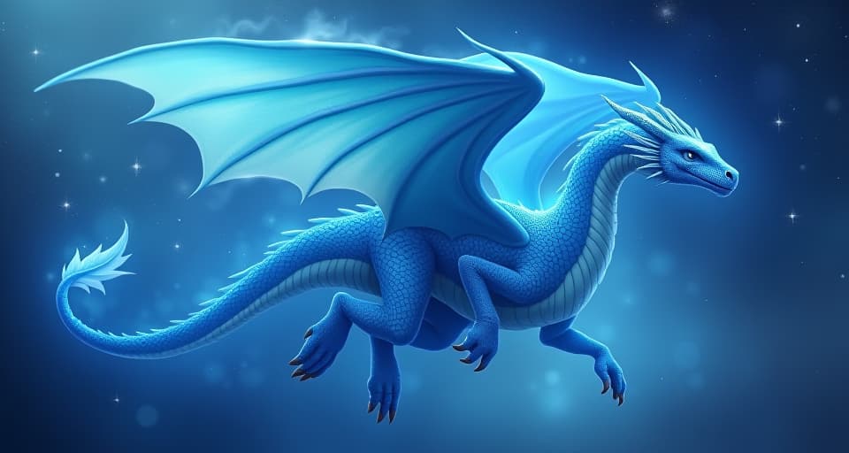  blue dragon with ethereal wings, gracefully spiraling through a bright, star filled sky, its scales shimmering with a soft luminescence. mood: serene, empowering, graceful.. the style is digital art illustration,highly detailed, whimsical,magical, dreamlike atmosphere, realism and fantasy blend, smooth, glossy textures,luminous quality, wonder and enchantment.