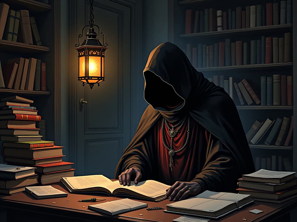  a scholar's study, littered with scrolls and old tomes, an air of neglect, a dim lamp casting shadows, cloaked figure in deep contemplation, somber and introspective.. the style is dark fantasy and mysterious occult, symbolic, moody lighting, esoteric vibe,high detail on character design. for the color scheme emphasize blacks and reds.