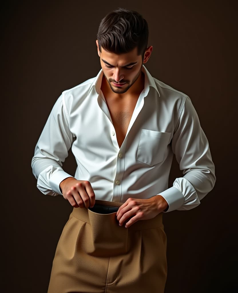  hdr photo of man, wearing a white shirt around his waist, dark brown background, model, putting into a bag . high dynamic range, vivid, rich details, clear shadows and highlights, realistic, intense, enhanced contrast, highly detailed