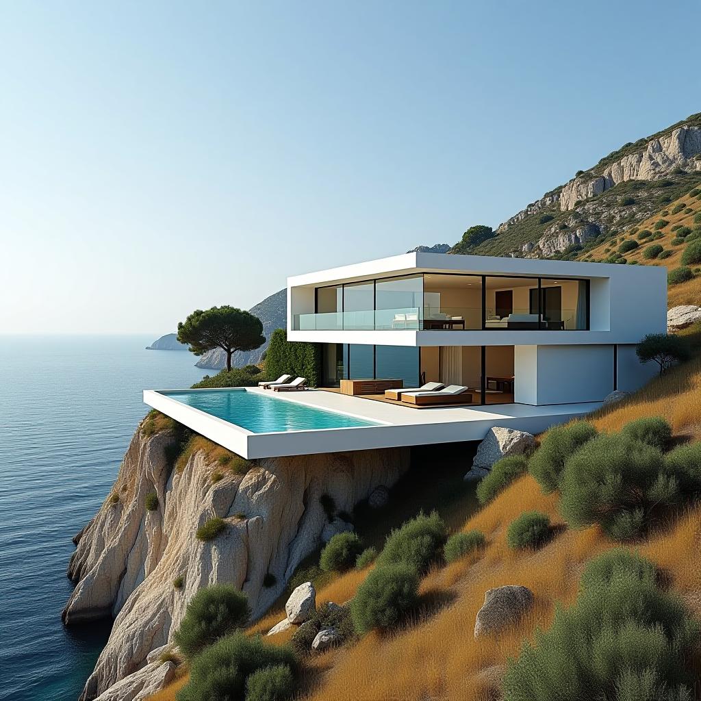  a modern luxury italian house situated on a cliff by the sea, featuring expansive glass walls and an infinity pool, surrounded by olive trees and a mediterranean landscape. the design embodies minimalist elegance with open plan living spaces, rooftop terraces offering panoramic ocean views, styled by bjarke ingels, zaha hadid, and frank gehry, captured in sharp focus with clean lines and intricate details.