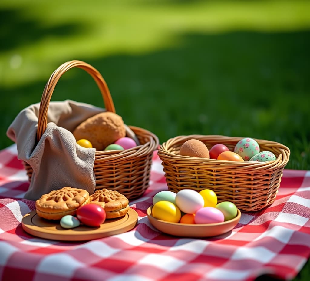  seasonal easter picnic with checkered blanket and woven baskets.