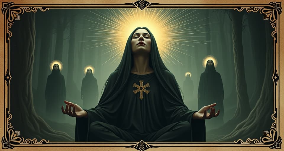  figure with eyes closed in meditation, divine light emanating from within, ethereal glow, onlookers in background faintly visible, reverent and divine mood. an illustration in the style of a worn, mystical old tarot trump card, mysterious and elements of surrealism. the colors are muted, somber and eerie, but with contrast bring out an occult and esoteric vibe.