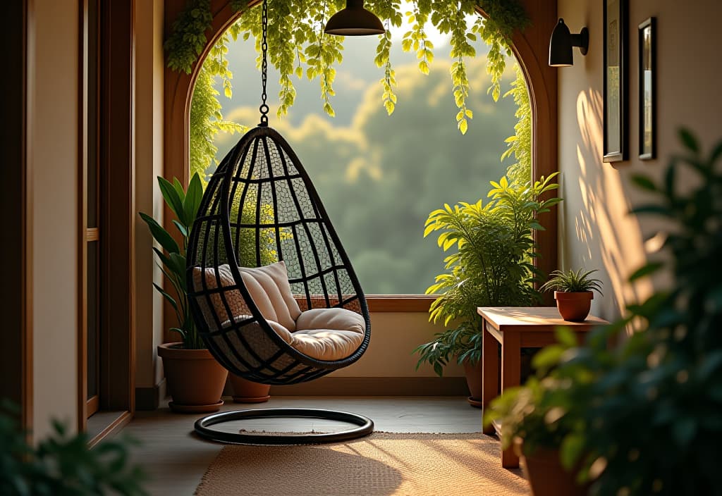  a landscape photo of an intimate patio corner with a hanging egg chair, plush cushions, and a small side table, surrounded by potted plants and soft, warm lighting hyperrealistic, full body, detailed clothing, highly detailed, cinematic lighting, stunningly beautiful, intricate, sharp focus, f/1. 8, 85mm, (centered image composition), (professionally color graded), ((bright soft diffused light)), volumetric fog, trending on instagram, trending on tumblr, HDR 4K, 8K