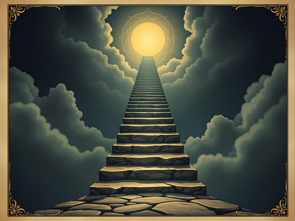  an ascending staircase made of celestial stones, leading upwards through dark clouds, ethereal glow, path of growth and evolution, opportunities unfolding. an illustration in the style of a worn, mystical old tarot trump card, mysterious and elements of surrealism. the colors are muted, somber and eerie, but with contrast bring out an occult and esoteric vibe.