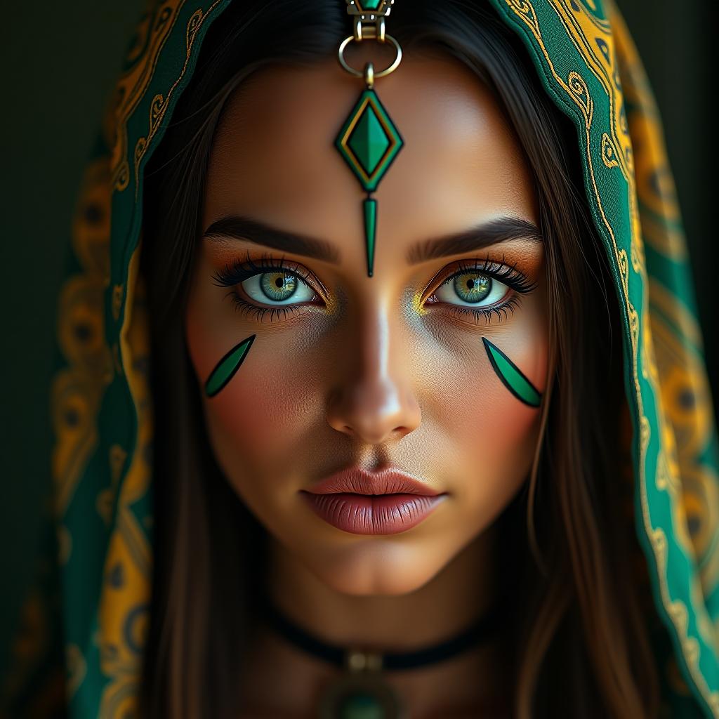  artistically rendered portrait of a stunning woman with a face artfully adorned with vibrant, tribal inspired makeup. her emerald green eyes glimmer under soft studio lighting. captured with a nikon d850 and a 105mm f/1.4 lens. small text 'astravision' at bottom right corner. hyperrealistic, full body, detailed clothing, highly detailed, cinematic lighting, stunningly beautiful, intricate, sharp focus, f/1. 8, 85mm, (centered image composition), (professionally color graded), ((bright soft diffused light)), volumetric fog, trending on instagram, trending on tumblr, HDR 4K, 8K