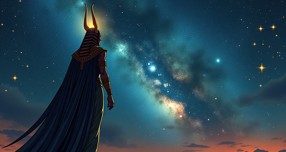  a cosmic scene of galaxies and stars, a celestial being observing with wisdom, glowing eyes, symbolizing universal observation and purpose. the style is digital art illustration / modern comic book / mysterious occult, symbolic, esoteric vibe,high detail on character design, incorporating ancient egyptian symbology and attire.